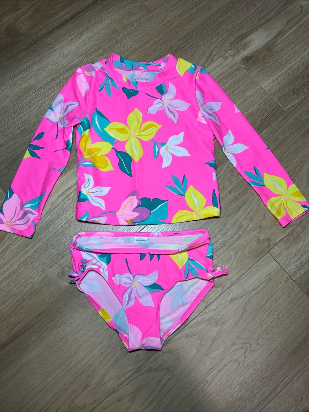 Carter's Bright Pink Floral Long-Sleeve Rash Guard Bikini Set